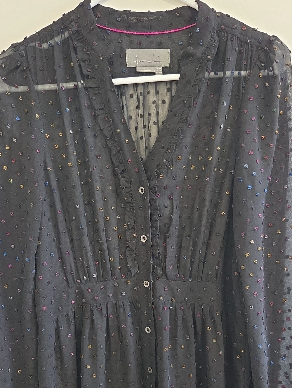 Anthropologie Audrey Clip Dot Black Textured Long-Sleeve Midi Dress - Picture 6 of 8